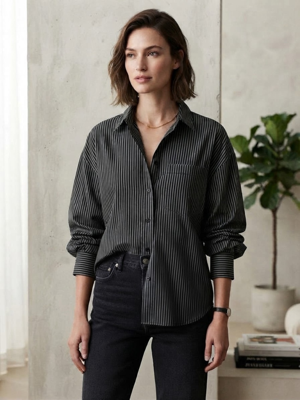 Zara Black Pinstripe Button-Down Shirt